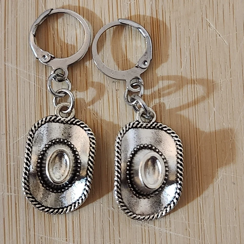 Hand Crafted Silver Cowboy Hat Dangle Pierced Earrings Cowgirl